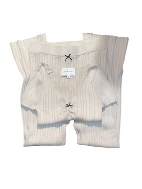 Pink Rose Ribbed Knit Lounge Set in Cream with Black Bow Accents